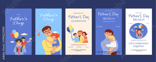 Cards set of Father's Day celebration invitations. Vector illustration of diverse fathers with children, balloons, and event details.