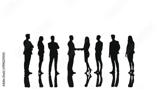 Professionals stand in a row while two business people perform a formal handshake in the center.