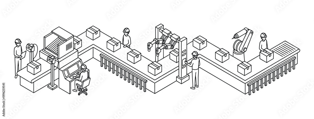 Obraz premium Isometric Factory Assembly Line Illustration with Workers and Robotic Arms