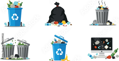 Set of trash and recycling bin vector illustrations showing garbage waste management pollution and environmental cleanup concepts