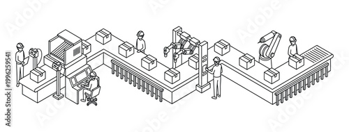 Isometric Factory Assembly Line Illustration with Workers and Robotic Arms