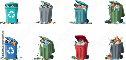 Collection of recycling and garbage bins vector illustrations with different colors overflowing waste environmental cleanup and disposal concept set