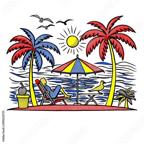 A whimsical and vibrant cartoon illustration depicting a cheerful person relaxing on a tropical beach under swaying palm trees and a striped umbrella, enjoying a sunny, peaceful seaside vacation