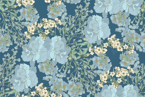 Flowers and leaves in vintage style, seamless pattern.