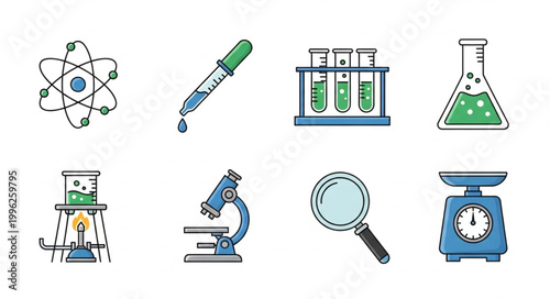 Collection of science laboratory equipment and symbols.