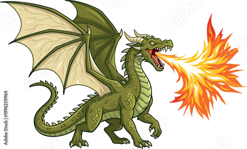 Foto Green Fire Breathing Dragon Cartoon Illustration with Wings and Flames Isolated