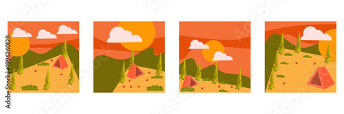 Camping Landscape Set with Tent and Sunset Sky