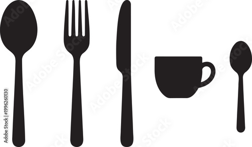 Kitchen Cutlery and Coffee Cup Silhouette Set Including Spoon Fork Knife and Tea Mug Flat Vector Illustration for Restaurant Menu Cafe Branding Dining Decor and Food Service Industry Design