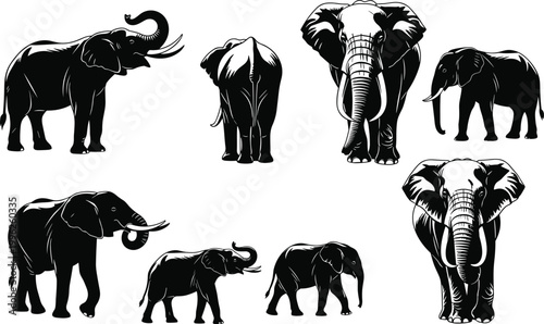 Black elephant silhouettes collection, wild animal illustration set, African wildlife icons, safari mammals, isolated vector design, nature graphic elements