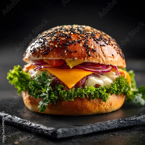 A delicious gourmet hamburger with fresh ingredients and melted cheese served on a black slate