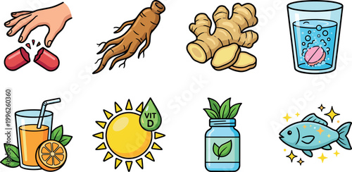 Vitamin and Health Booster Vector Set with Ginger, Fish Oil, Pills, Orange Juice, Sun Vitamin D, Herbal Supplements, and Immune Support Illustration
