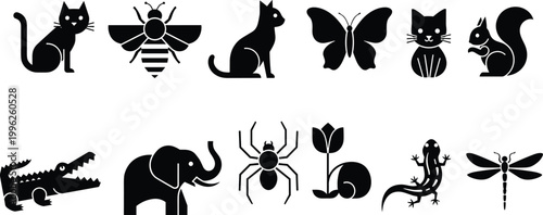 Animal and insect silhouettes collection, wildlife icons set, black vector animals, nature symbols, isolated graphic elements, fauna illustration bundle