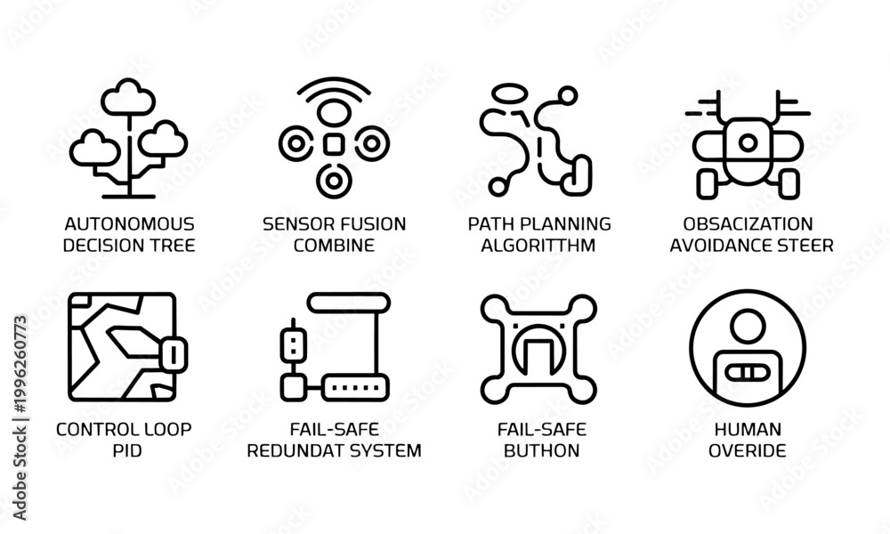 Fototapeta premium Autonomous system technology icons set including decision tree sensor fusion path planning algorithm obstacle avoidance control loop fail safe system and human override autonomous technology
