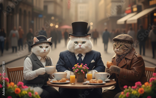 Three elegantly dressed cats in hats having breakfast at a street cafe — funny surrealistic illustration
