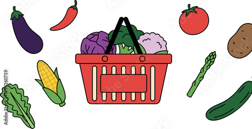 Grocery Basket with Fresh Vegetables Vector Illustration Featuring Tomato, Eggplant, Corn, Asparagus, Cucumber, Chili, and Organic Healthy Food Collection