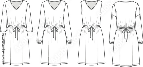 Technical Fashion Illustration of Women's V-Neck Drawstring Waist Dresses Featuring Long Sleeve Sleeveless and Three Quarter Sleeve Design Variations