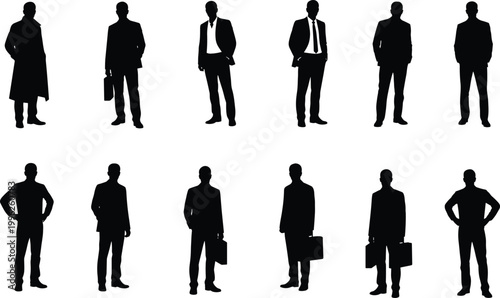Businessmen silhouettes collection, professional male characters standing poses with briefcase, corporate office workers set isolated on white background vector