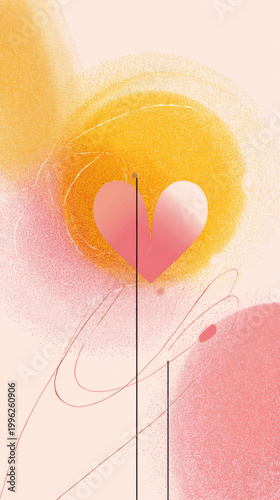 Abstract illustration featuring a pink heart shape surrounded by colorful circular patterns and delicate lines on a soft pastel background