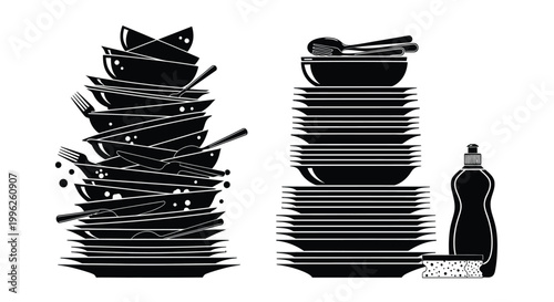 Stacked dishes cutlery and bottle in a bold black silhouette