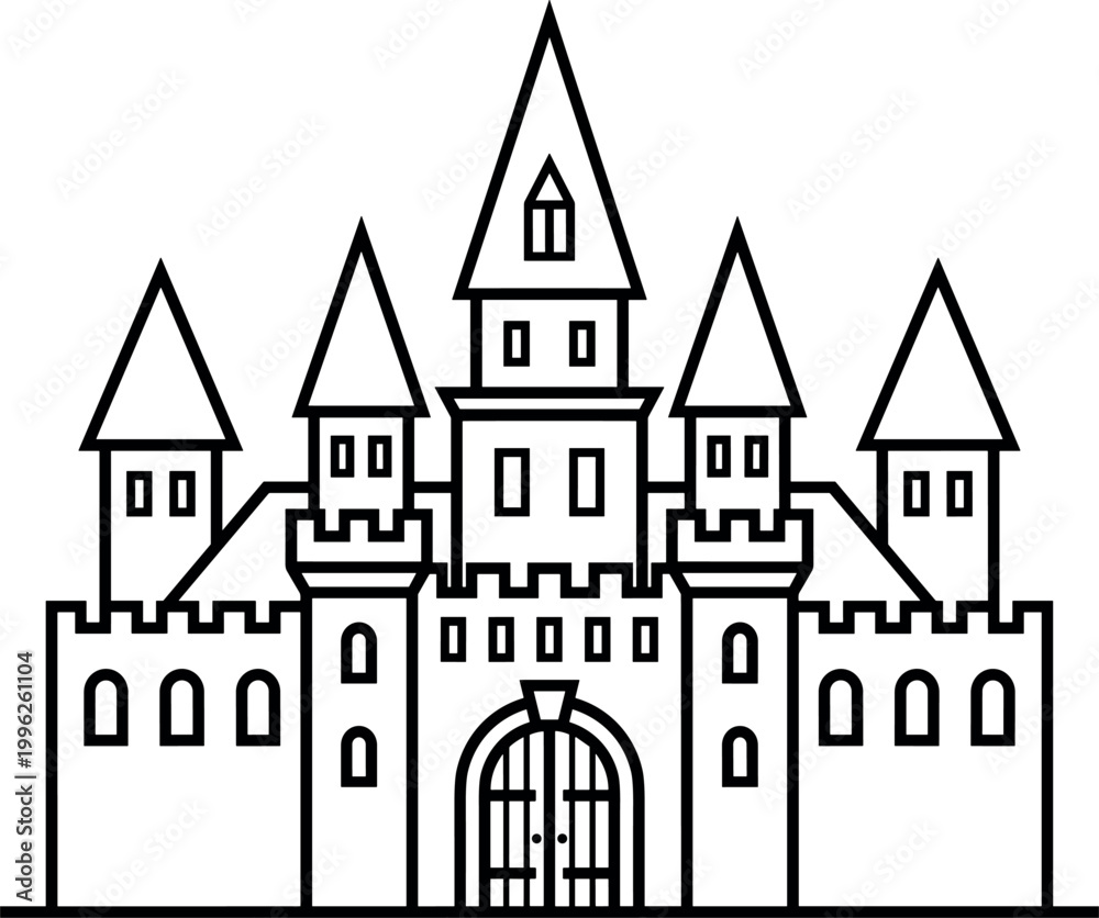 Fototapeta premium Medieval Castle Line Art Icon with Fortress Towers and Gate in Minimal Outline Style Isolated on White Background Vector Illustration