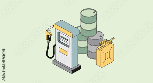 Gas pump with oil barrels and can in industrial isometric style for business finance