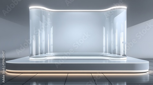 A futuristic glass display case with soft lighting on a platform
