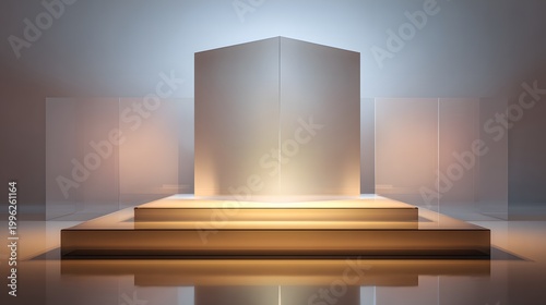 A modern stage background with illuminated podium and translucent panels