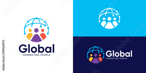 Creative simple global people logo template. Global connection with people human teamwork logo design vector illustration.