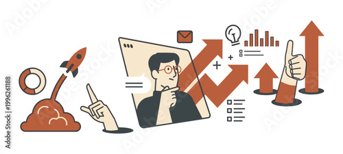 Business growth and startup success with rocket launch and upward trending graphs business man trending analytics progress development strategy achievement illustration con