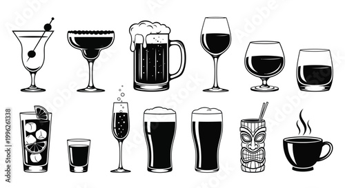 Variety of beverage glasses in black and white a striking silhouette