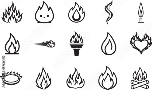 Flame line icon set with fire shapes editable stroke minimal vector illustration design pack.