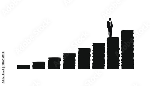 Businessman stands atop a rising stack of gold coins to symbolize financial growth and success.