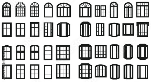 Collection of diverse window shapes and designs in a stark silhouette