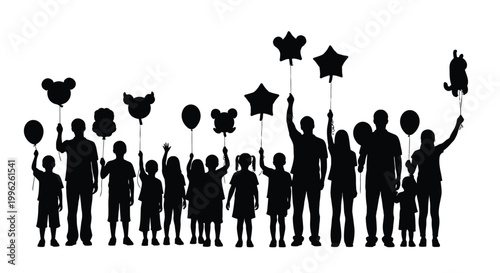 Crowd of people holding balloons celebrating with joyful energy a silhouette