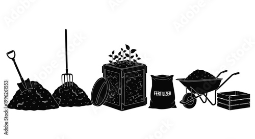 Gardening tools and compost bin depicted in a striking black silhouette