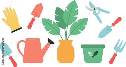 Flat Gardening Tools and Indoor Plant Vector Set with Gloves, Watering Can, Pruners, Shovel, Fork, Pots, and Decorative Houseplant Illustration
