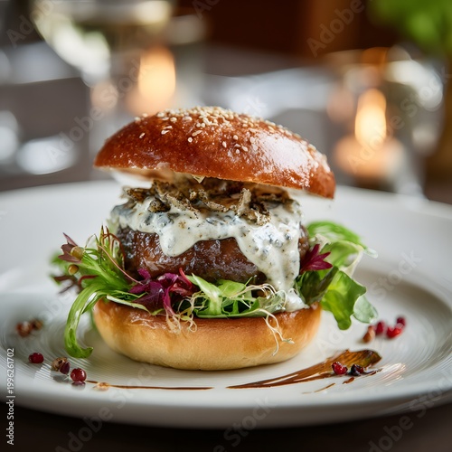 Gourmet hamburger with creamy sauce and fresh greens on a white plate
