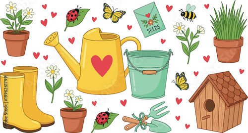 Cute Gardening Elements Vector Set with Watering Can, Rubber Boots, Flowers, Bees, Ladybugs, Birdhouse, Bucket, Seeds, and Spring Nature Icons