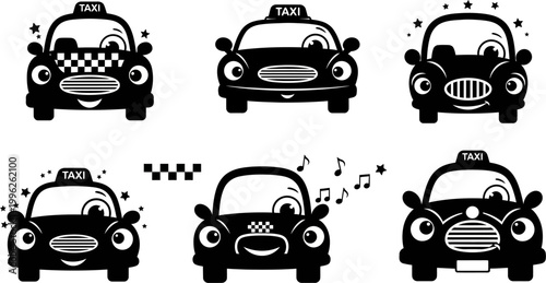 black and white illustrations of cartoon taxi cars with different expressions and patterns
