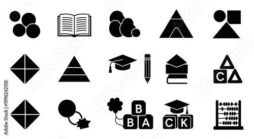 collection of black and white educational icons on white background