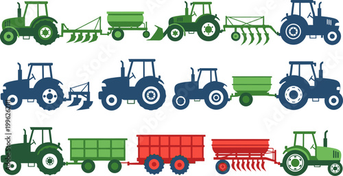 collection of tractor and trailer agricultural vehicles in green blue and red colors on white background