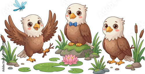 Cartoon vector illustration of three bald eagles near pond with plants, lotus, dragonfly, and playful details