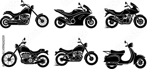 Collection of six different motorcycle silhouettes in various poses and designs  isolated on white background