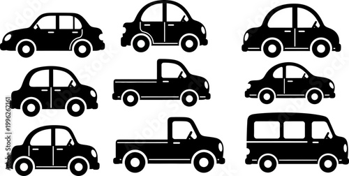 collection of black silhouettes of various cars and trucks on white background