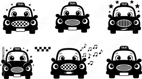 Cute cartoon taxi cars with different expressions and decorative elements