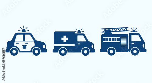 Emergency vehicles including police car ambulance and fire truck on light blue background