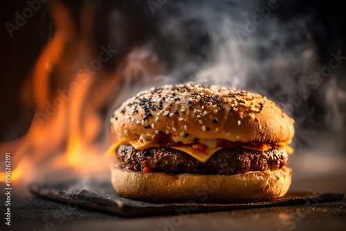 A juicy hamburger with cheese is prepared over an open flame with smoke rising