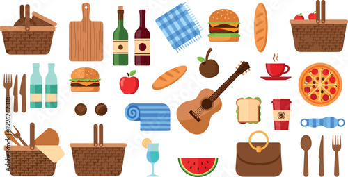 Vector Illustration of Picnic Basket with Food, Drinks, Blanket, Guitar, and Outdoor Essentials for Digital Design