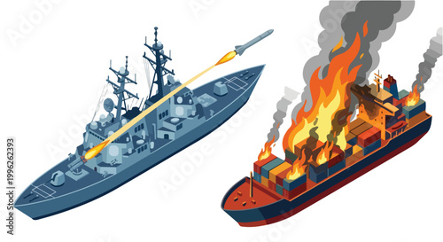vector isometric of a warship shooting an enemy ship 02
