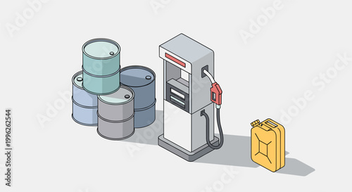 Isometric gas pump with oil barrels and canister in industrial minimalistic style with gray and blue colors in flat illustration for business and transportation